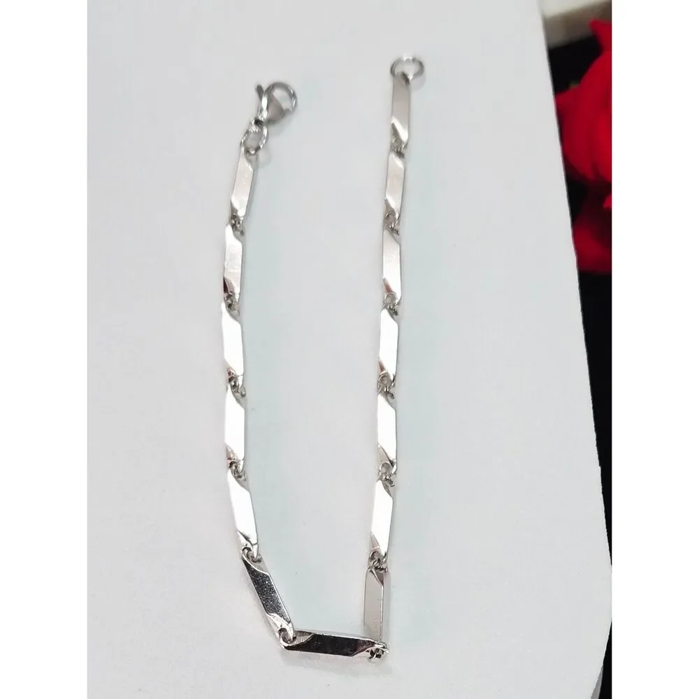 Rhombus Bar Link Chain Bracelet 3mm Silver Titanium Steel 8